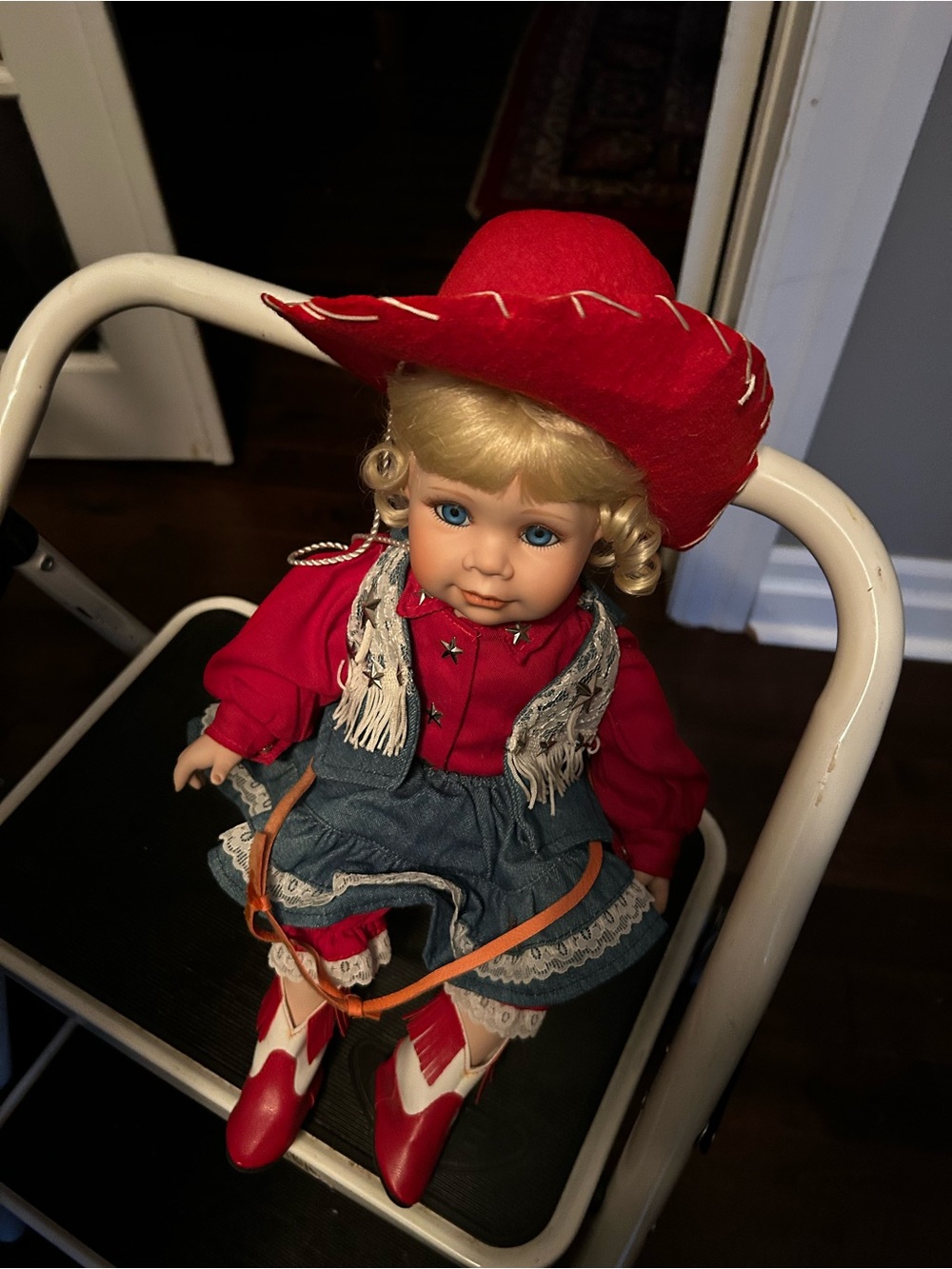 Red Cowgirl Doll with Blonde Hair and Blue Eyes Hamilton collection.